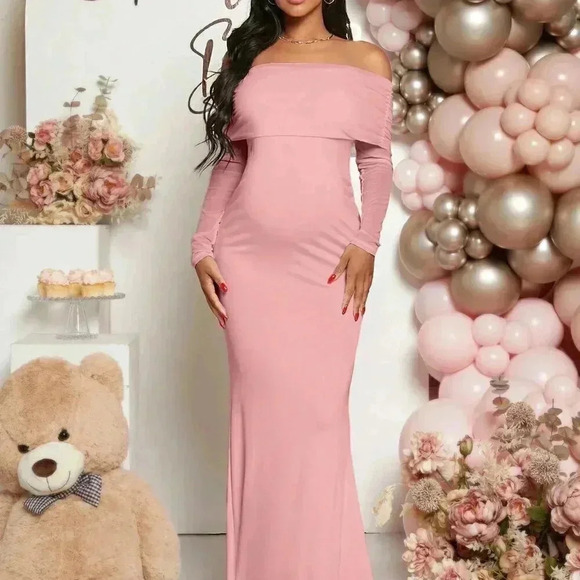 Pink Elegant Women's Maternity Off Shoulder Foldover Dress - Picture 3 of 7